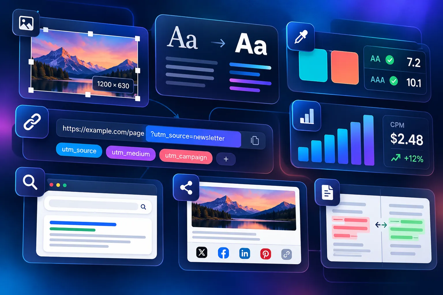 Illustrated toolkit showing image resizing, writing, colour contrast, SEO previews, URLs and advertising analytics